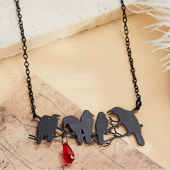 “Raven” Edgar Poe Perched Crows Birds Blood Droplet Macabre Gothic Grim Necklace - Picture 4 of 16